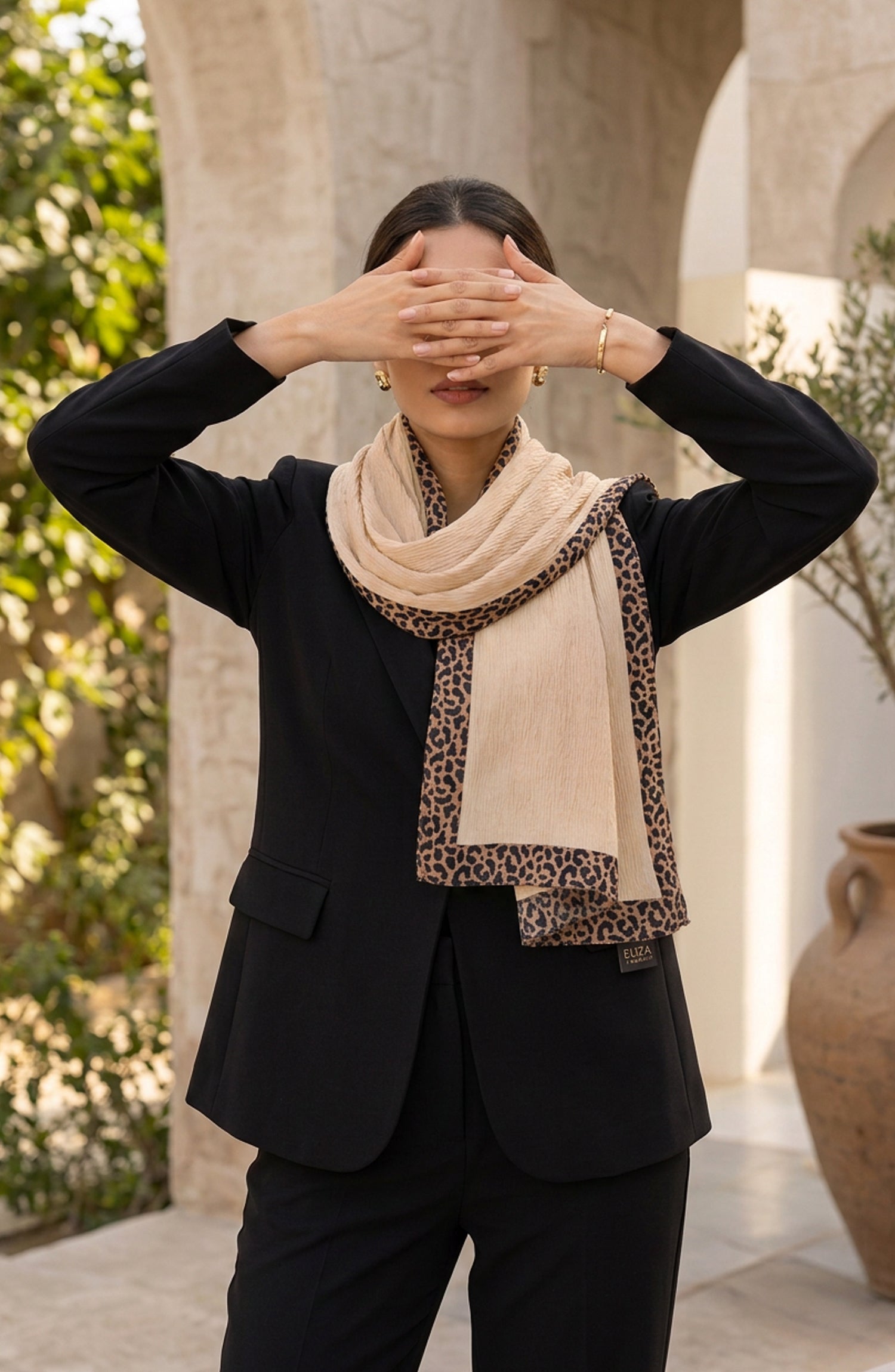 Amna Khadija Cheetah-Print Chiffon Stole - AKW-16 - AM26STL - Fawn - Winter Collection