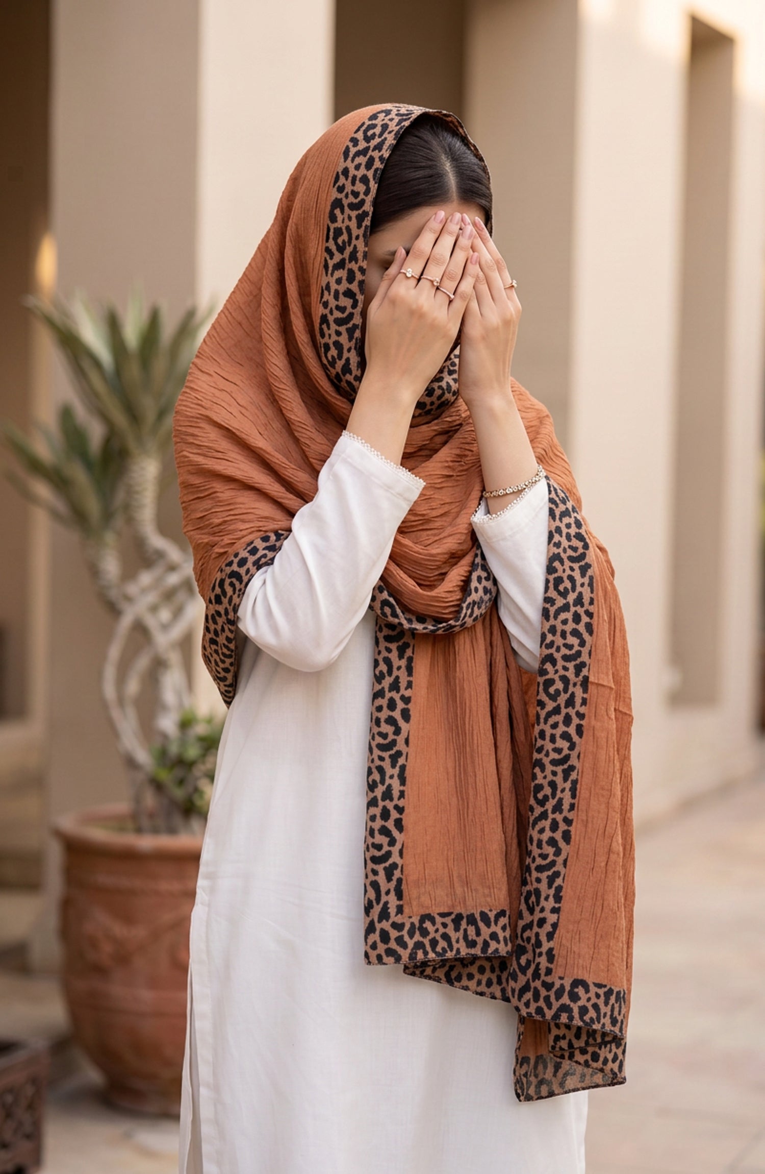 Amna Khadija Cheetah-Print Chiffon Stole - AKW-18 - AM26STL - Rust - Winter Collection