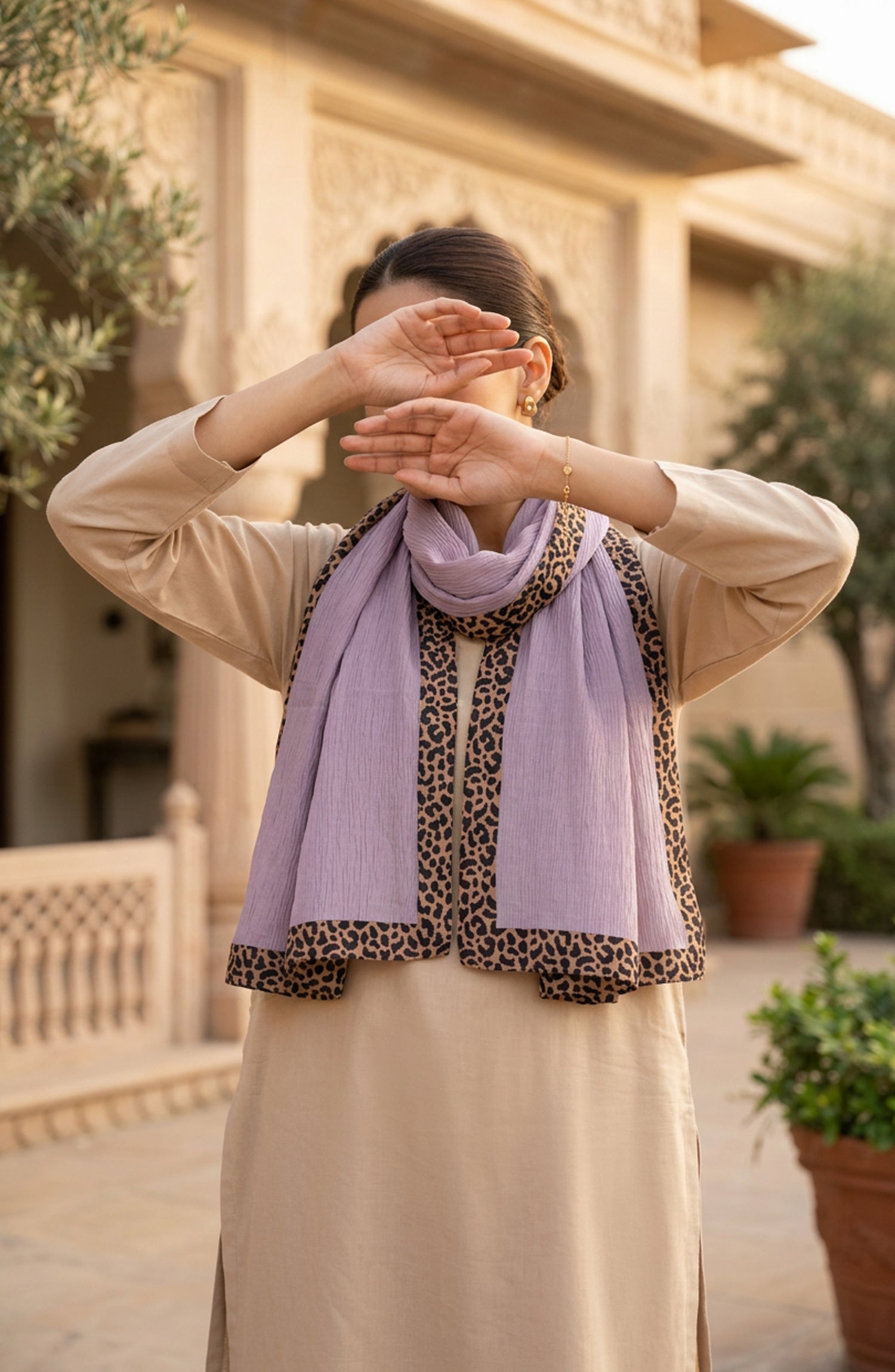 Amna Khadija Cheetah-Print Chiffon Stole - AKW-19 - AM26STL - Purple - Winter Collection