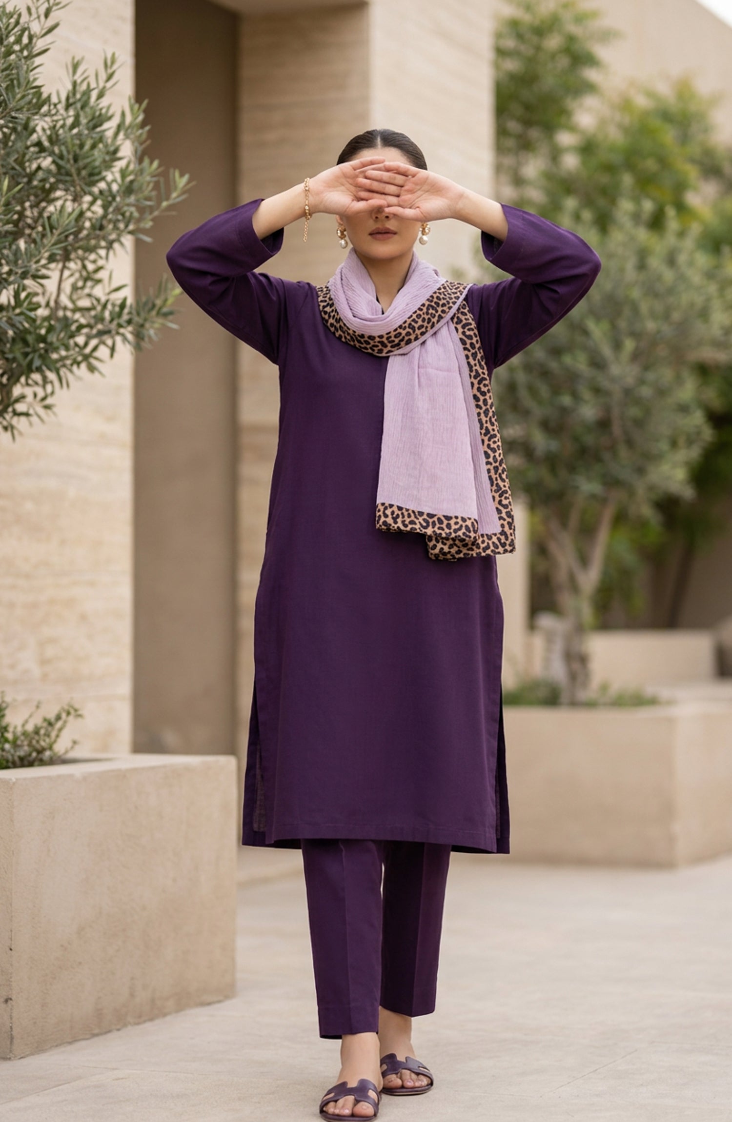 Amna Khadija Cheetah-Print Chiffon Stole - AKW-19 - AM26STL - Purple - Winter Collection