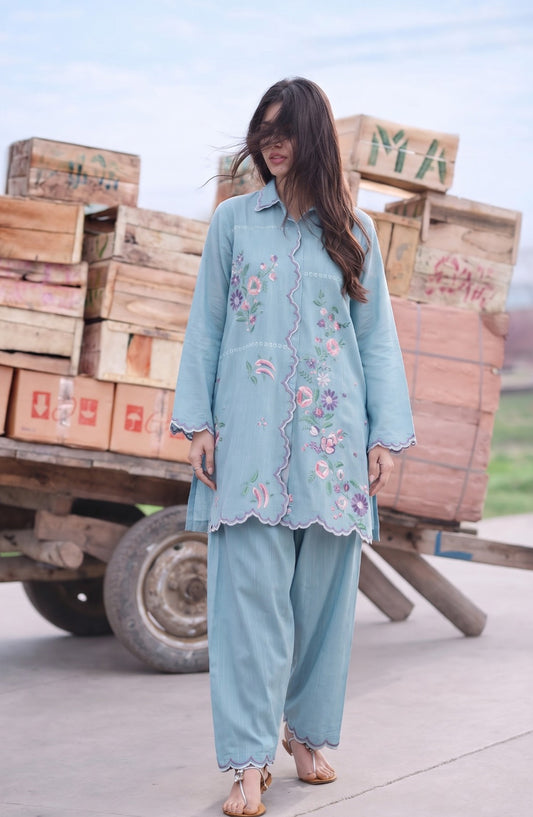 Amna Khadija Embroidered Khaddar Stitched 2 Piece Co-ord Sets - AKPF-04 - AM26AKPF - Sky Blue - Winter Collection