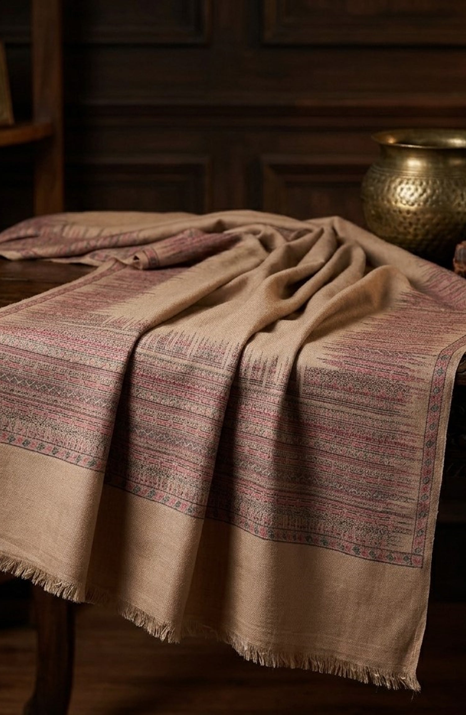 Amna Khadija Kanni Wool Jacquard Shawl - D-06 - AM26GW - Fawn - Winter Collection