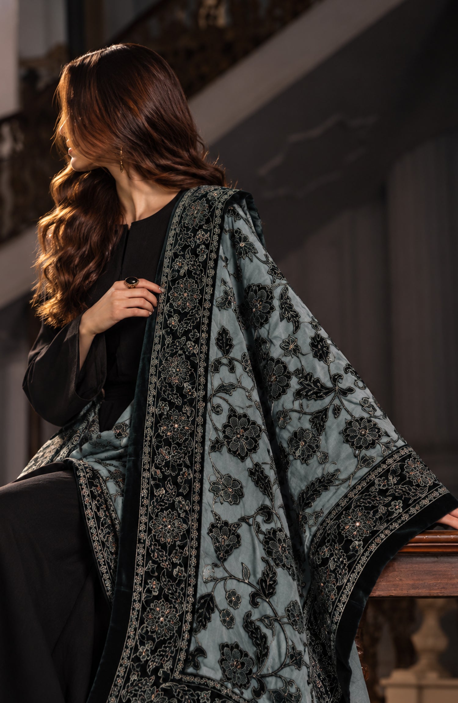 Amna Khadija Mehraab Luxury Embroidered Velvet Shawl - AKM-02 - AM26MHR - Green - Winter Collection