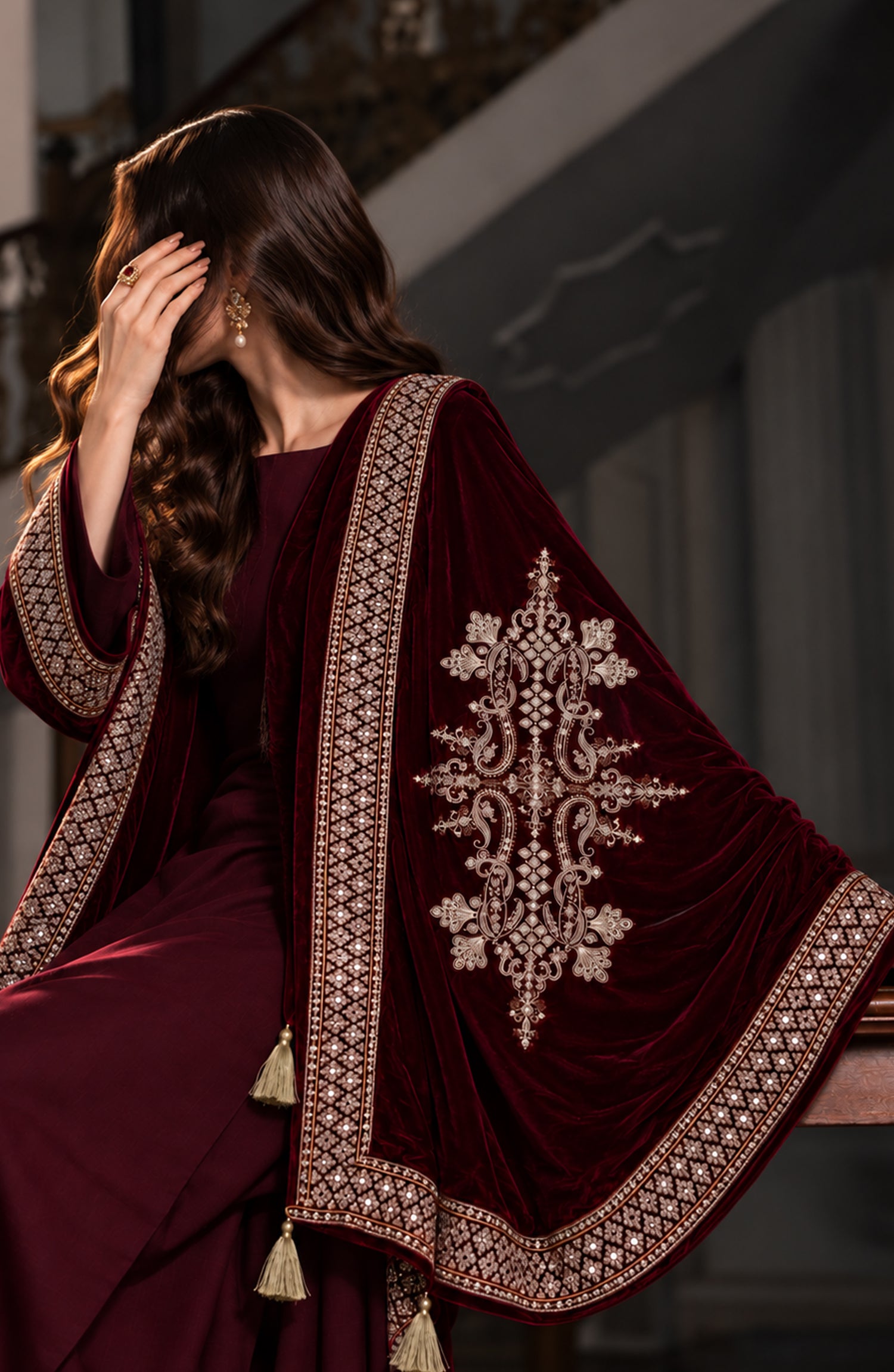 Amna Khadija Mehraab Luxury Embroidered Velvet Shawl - AKM-05 - AM26MHR - Maroon - Winter Collection