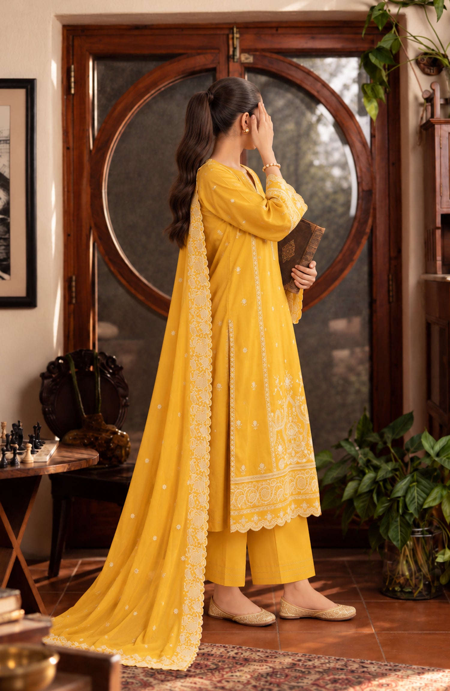 Amna Khadija Noor-e-Nawab Lucknowi Embroidered Cotton Stitched 3 Piece Suit - AKNNL-01 - AM26LKH - Yellow - Winter Collection