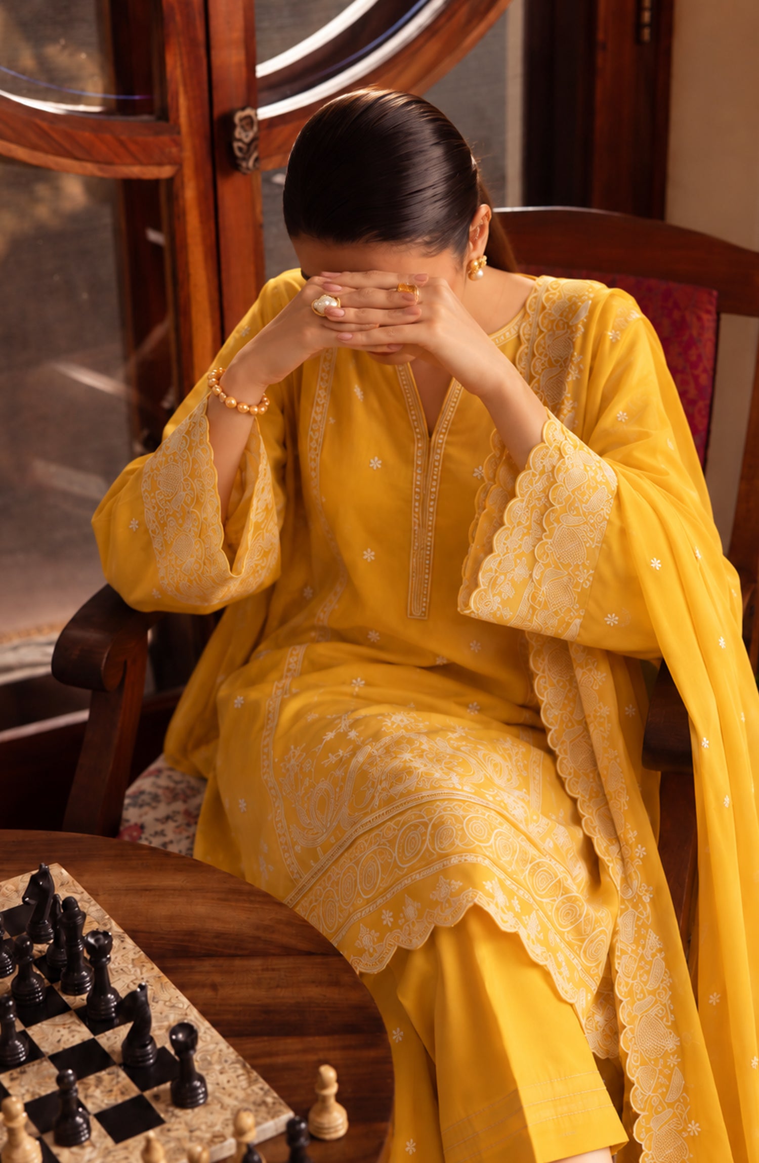Amna Khadija Noor-e-Nawab Lucknowi Embroidered Cotton Stitched 3 Piece Suit - AKNNL-01 - AM26LKH - Yellow - Winter Collection