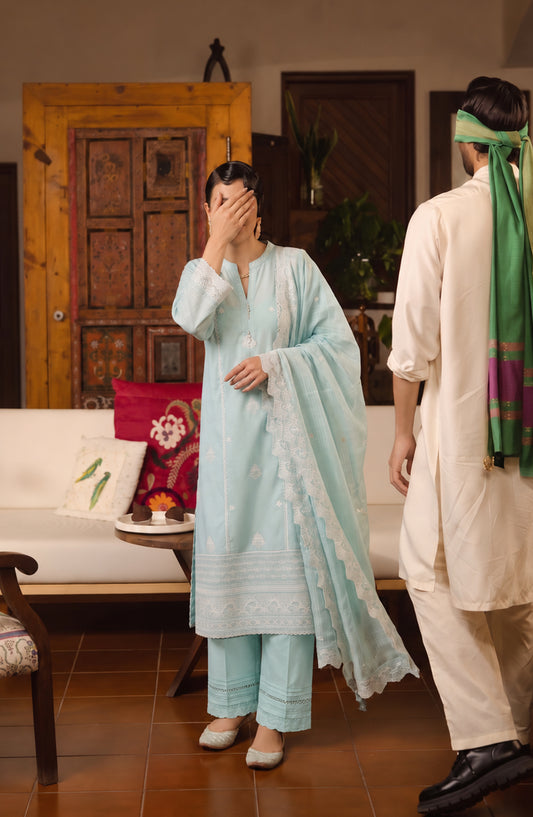 Amna Khadija Noor-e-Nawab Lucknowi Embroidered Cotton Stitched 3 Piece Suit - AKNNL-05 - AM26LKH - Sky Blue - Winter Collection