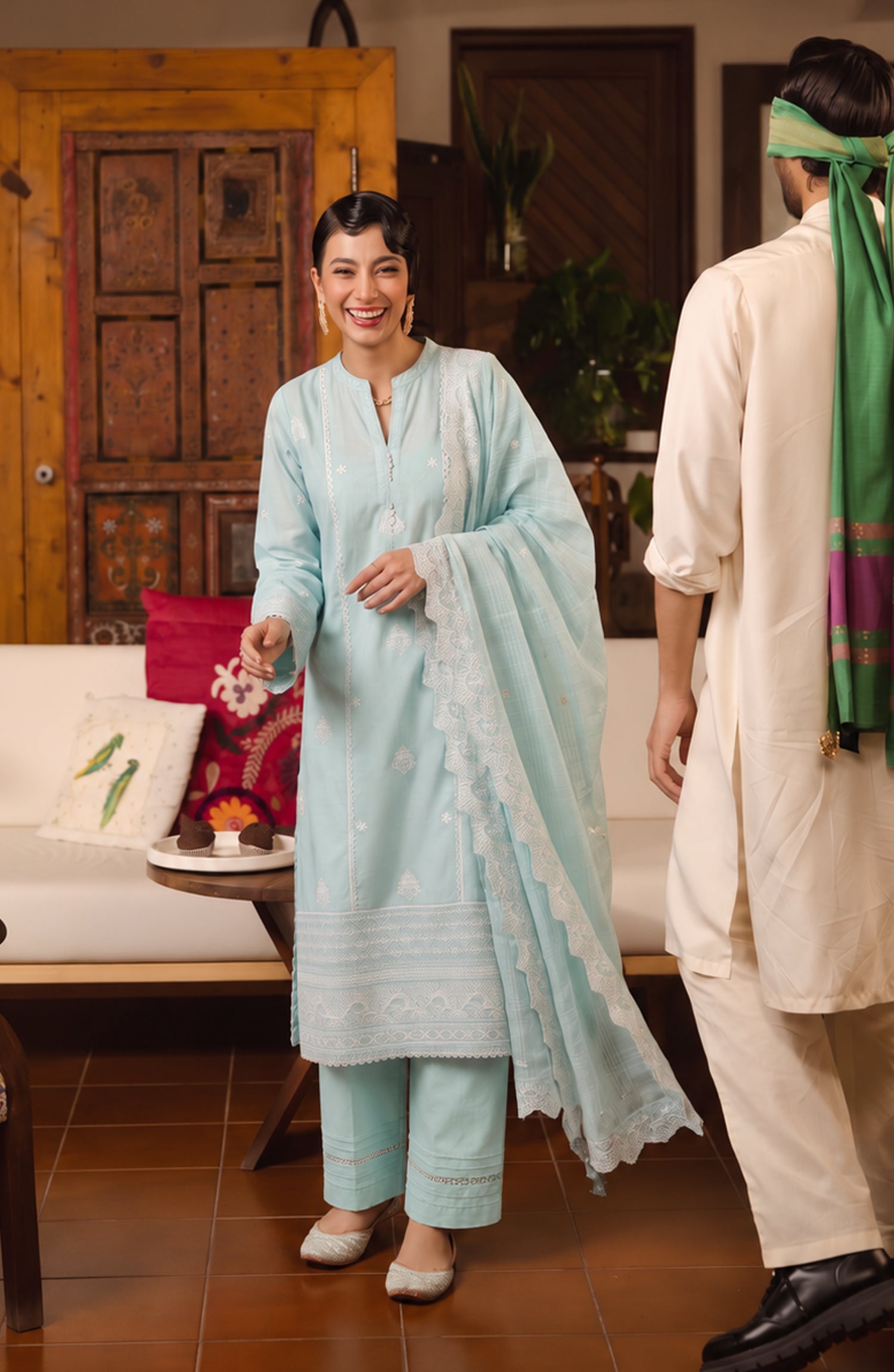 Amna Khadija Noor-e-Nawab Lucknowi Embroidered Cotton Stitched 3 Piece Suit - AKNNL-05 - AM26LKH - Sky Blue - Winter Collection