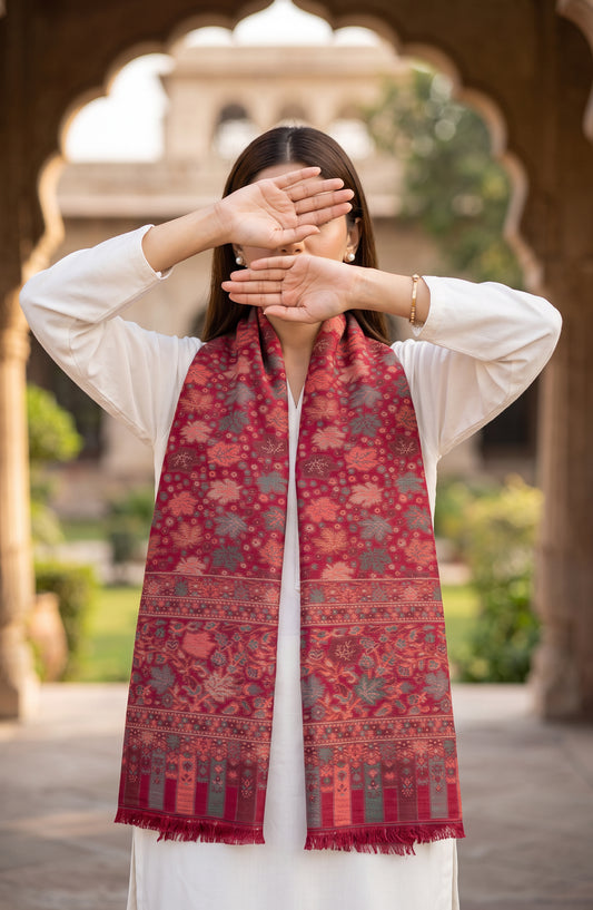 Amna Khadija Wool Jacquard Stole - AKW-01 - AM26STL - Pink - Winter Collection