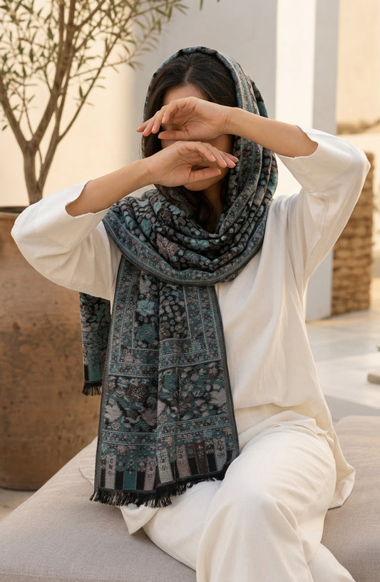 Amna Khadija Wool Jacquard Stole - AKW-06 - AM26STL - Grey - Winter Collection