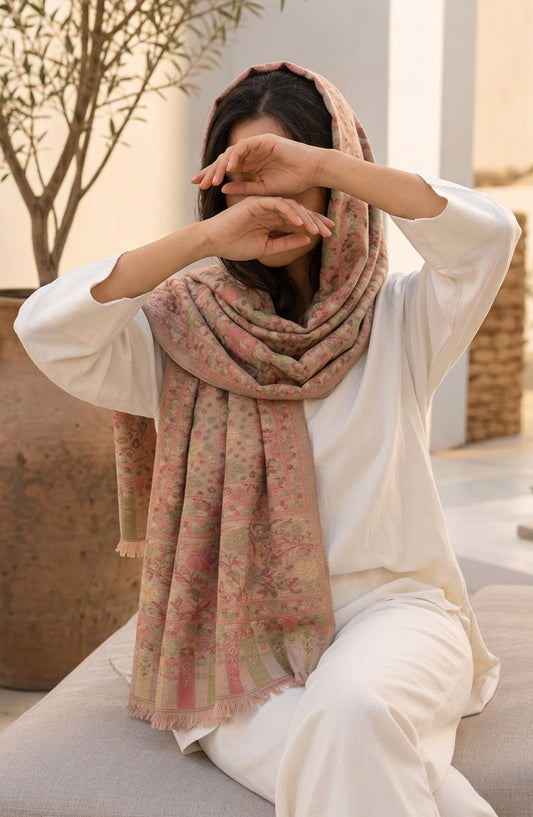 Amna Khadija Wool Jacquard Stole - AKW-08 - AM26STL - Brown - Winter Collection