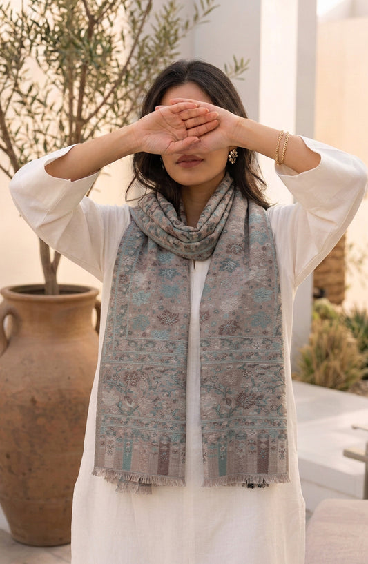 Amna Khadija Wool Jacquard Stole - AKW-10 - AM26STL - Grey - Winter Collection