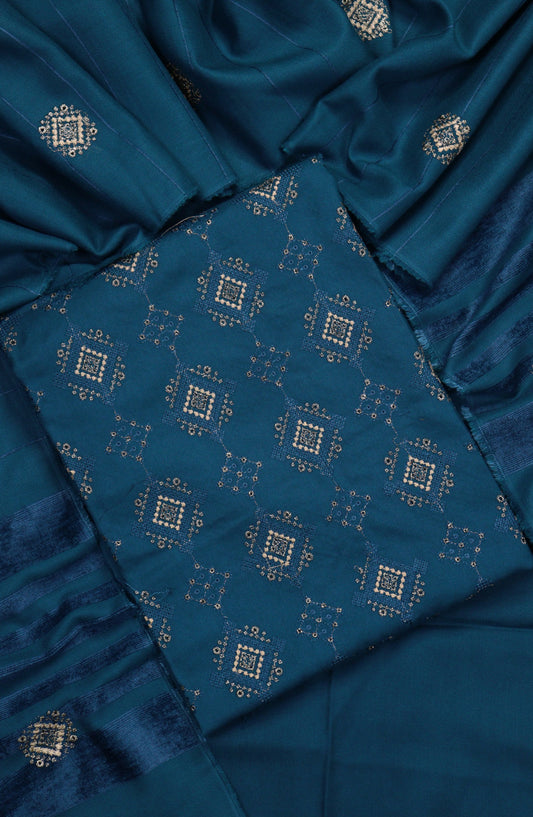 Amna Khadija Embroidered Dhanak Unstitched 3 Piece Suit - Design-01 - AM25DHC - Blue - Winter Collection