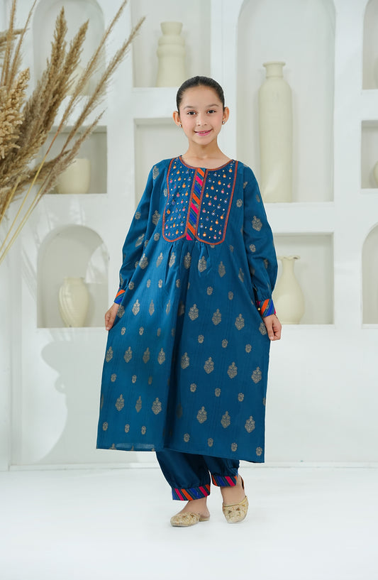 Amna Khadija Embroidered Cotton Jacquard Stitched 2 Piece Suit - AKEE-06 - AM26AKEE - Blue - Girls Eid Edit