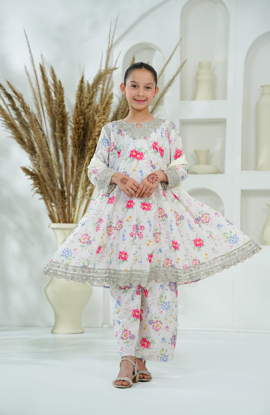 Amna Khadija Embroidered Lawn Stitched 3 Piece Suit - AKEE-01 - AM26AKEE - White - Girls Eid Edit