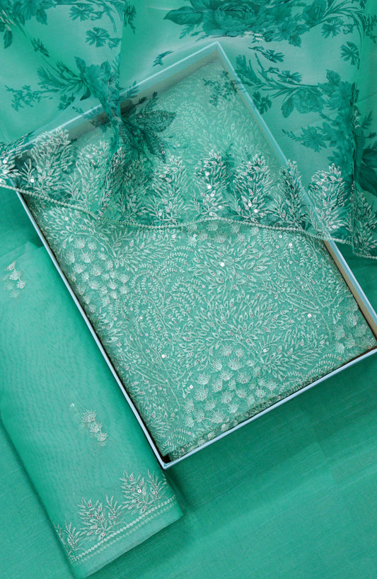 Amna Khadija Embroidered Organza Unstitched 3 Piece Suit - Design-01 - AM25LORG - Sea Green - Formal Collection