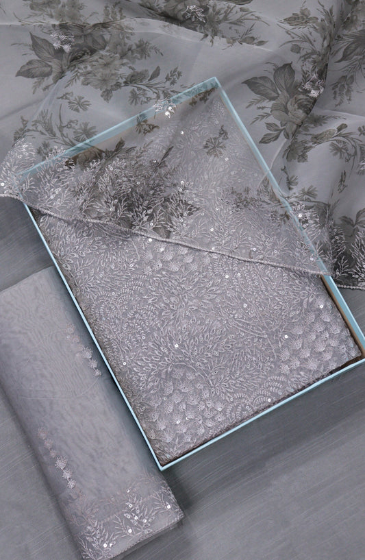 Amna Khadija Embroidered Organza Unstitched 3 Piece Suit - Design-03 - AM25LORG - Grey - Formal Collection