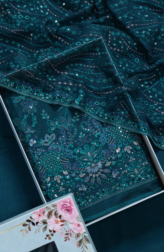Amna Khadija Embroidered Sheesha Silk Unstitched 3 Piece Suit - D-07 - AM26SHES - Teal - Luxury Collection