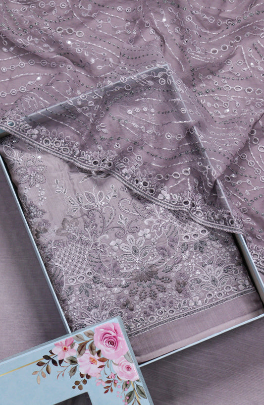 Amna Khadija Embroidered Sheesha Silk Unstitched 3 Piece Suit - D-08 - AM26SHES - Purple - Luxury Collection