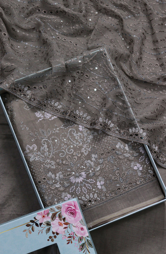 Amna Khadija Embroidered Sheesha Silk Unstitched 3 Piece Suit - D-09 - AM26SHES - Grey - Luxury Collection