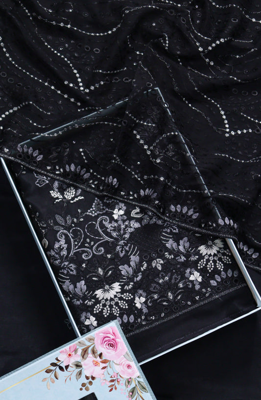 Amna Khadija Embroidered Sheesha Silk Unstitched 3 Piece Suit - D-10 - AM26SHES - Black - Luxury Collection