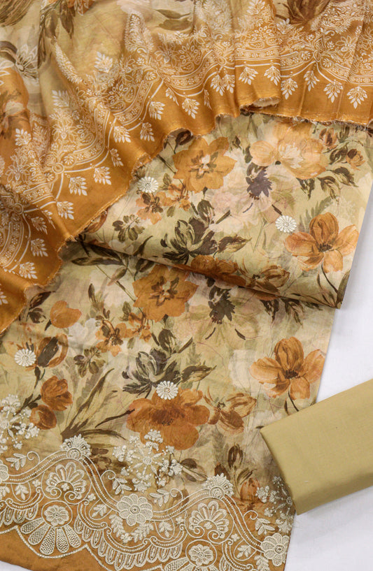 Amna Khadija Digital Printed & Embroidered Resham Laserkari Lawn Unstitched 3 Piece Suit - D-08 - AM26FNC - Rust - Summer Collection