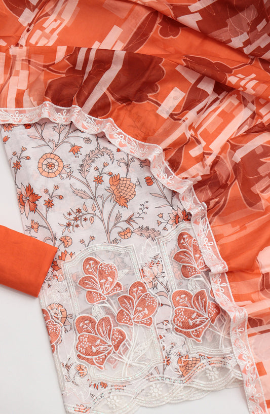 Amna Khadija Fancy Embroidered Lawn Unstitched 3 Piece Suit - SLD-07 - AM26FNC - Orange - Summer Collection
