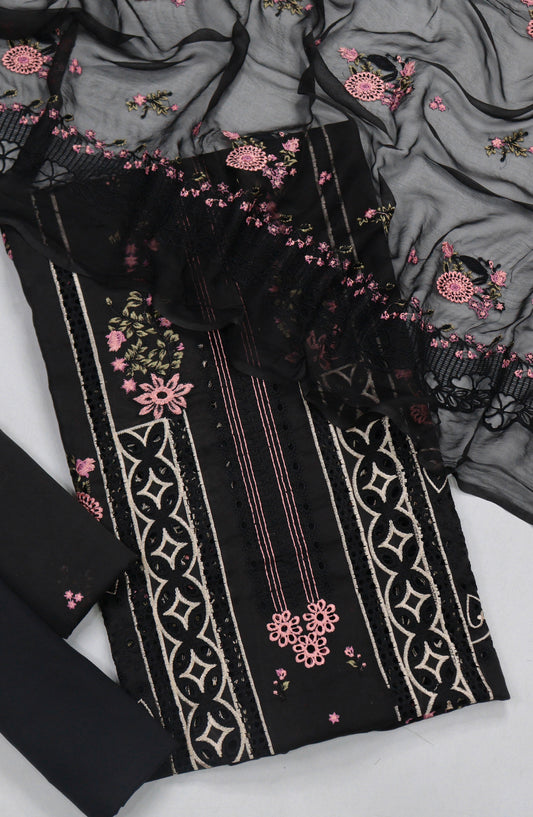 Amna Khadija Chikankari Swiss Voile Unstitched 3 Piece Suit - Design-02 - AM26FNC - Black - Summer Collection