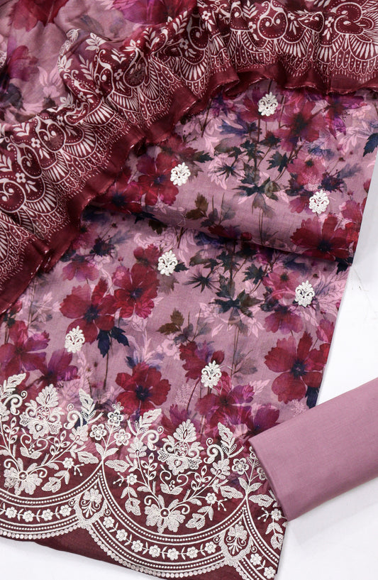 Amna Khadija Digital Printed & Embroidered Resham Laserkari Lawn Unstitched 3 Piece Suit - D-03 - AM26FNC - Pink - Summer Collection