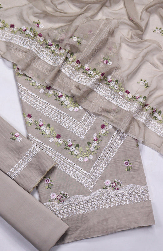 Amna Khadija Embroidered Slub Lawn Unstitched 3 Piece Suit - D-01 - AM26FNC - Beige - Summer Collection