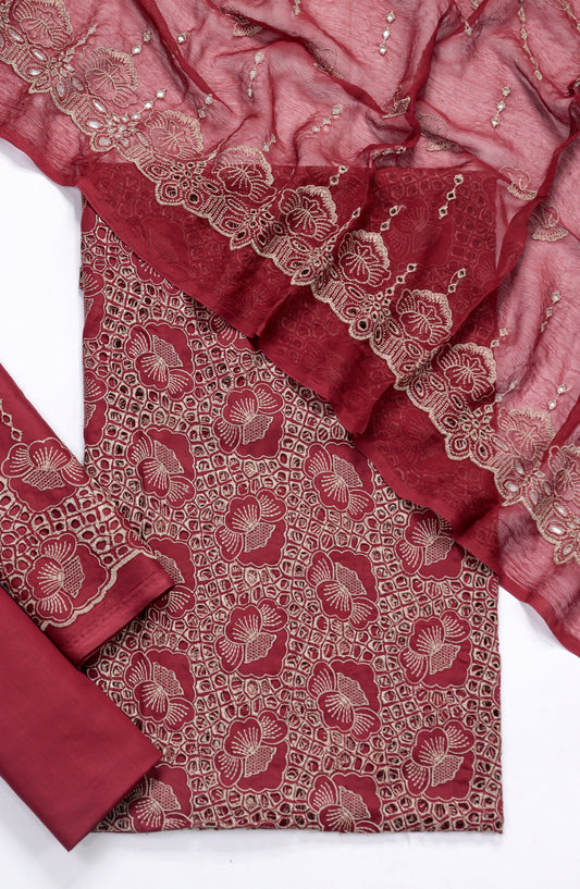 Amna Khadija Fancy Chikankari Lawn Unstitched 3 Piece Suit - Design-01 - AM26FNC - Red - Summer Collection