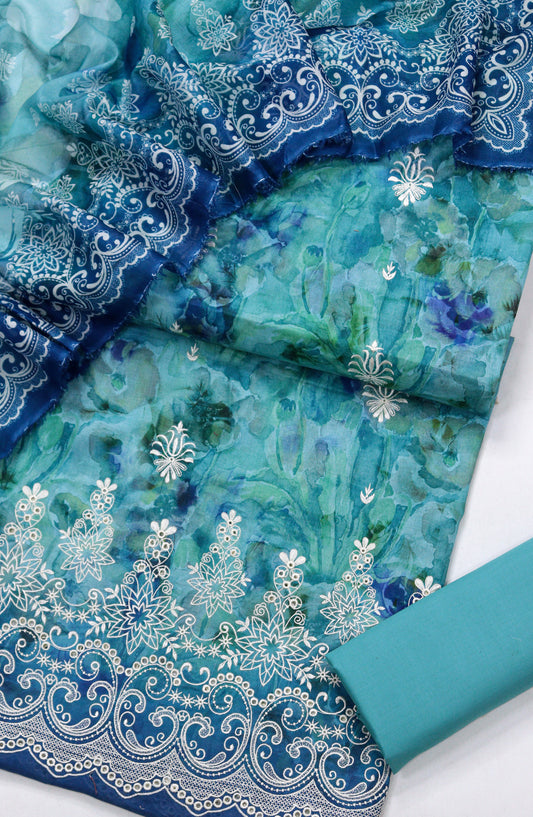 Amna Khadija Digital Printed & Embroidered Resham Laserkari Lawn Unstitched 3 Piece Suit - D-01 - AM26FNC - Blue - Summer Collection