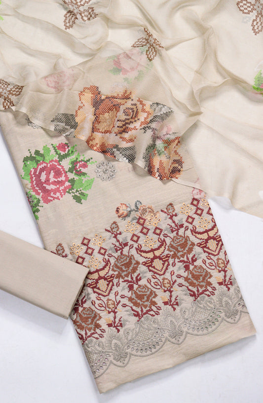 Amna Khadija Fancy Embroidered Lawn Unstitched 3 Piece Suit - D-10 - AM26FNC - Fawn - Summer Collection
