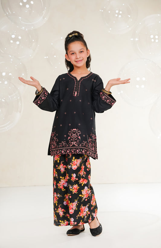 Amna Khadija Guriya Embroidered Cotton Stitched 2 Piece Suit - AKG-02 - AM25GRY - Black - Girls Collection