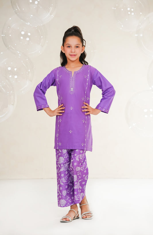 Amna Khadija Guriya Embroidered Cotton Stitched 2 Piece Suit - AKG-03 - AM25GRY - Purple - Girls Collection