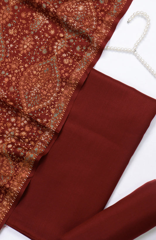 Amna Khadija Dhanak Kashmiri Wool Unstitched 3 Piece Suit - Design-06 - AM25KMW2153850 - Maroon - Winter Collection