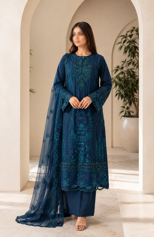 Amna Khadija Neroli Embroidered Chiffon Stitched 3 Piece Suit - AKNC-01 - AM26NARL - Blue - Festive Collection