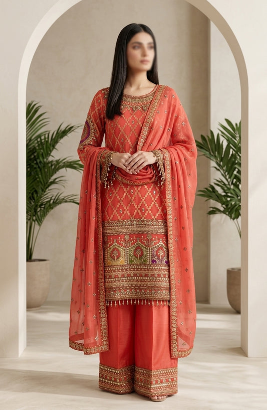 Amna Khadija Neroli Embroidered Chiffon Stitched 3 Piece Suit - AKNC-02 - AM26NARL - Orange - Festive Collection