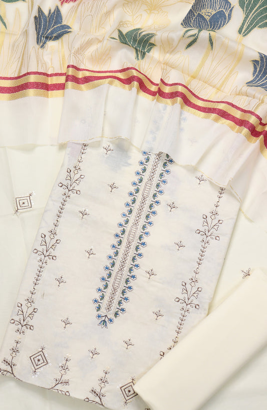 Amna Khadija Embroidered Premium Lawn Unstitched 3 Piece Suit - Design-06 - AM25UPD - White - Summer Collection