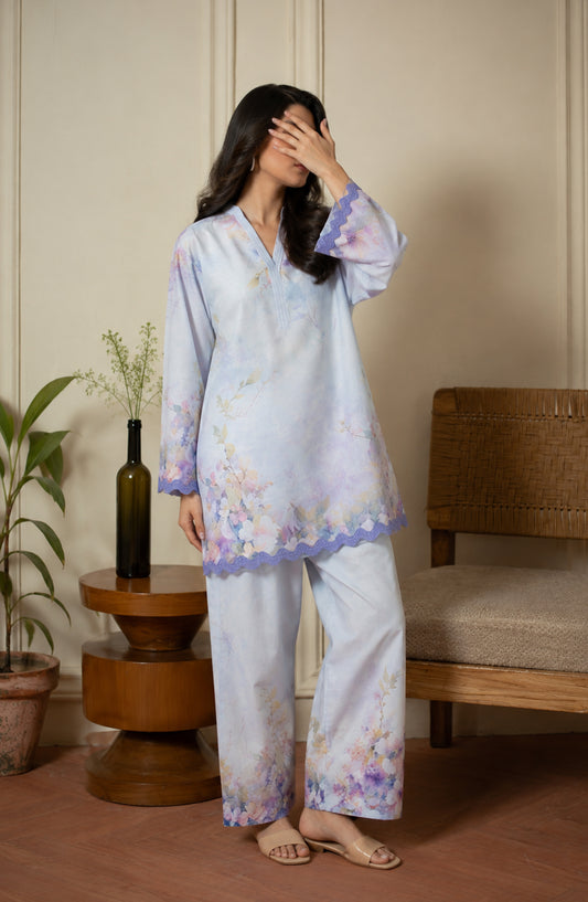 Amna Khadija Rozana Printed Polly Silk Stitched 2 Piece Co-ord Set - AKR-04 - AM26ROZN - Ice Blue - Summer Collection