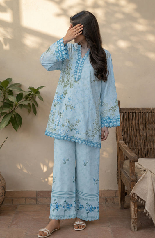 Amna Khadija Rozana Printed Polly Silk Stitched 2 Piece Co-ord Set - AKR-05 - AM26ROZN - Sky Blue - Summer Collection