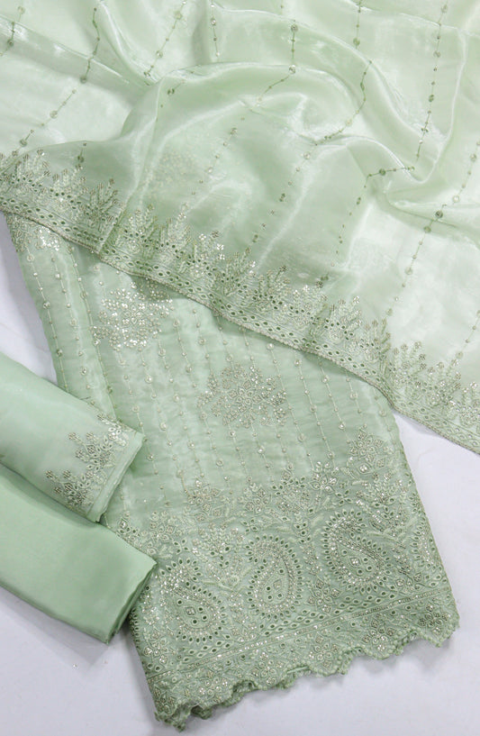 Amna Khadija Embroidered Sheesha Silk Unstitched 3 Piece Suit - D-17 - AM26SHES - Green - Luxury Collection