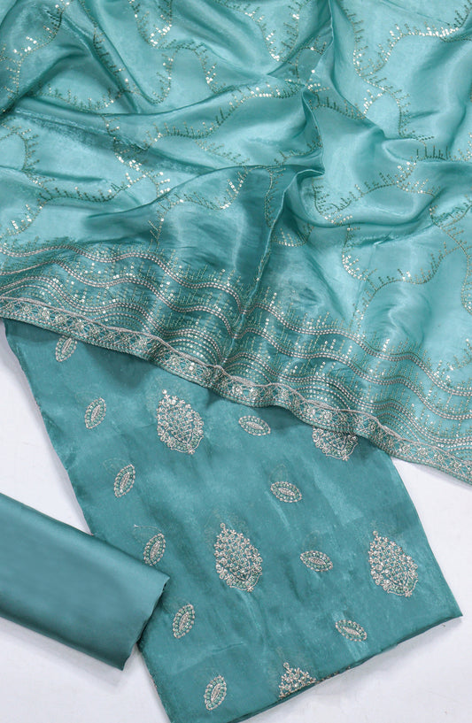 Amna Khadija Embroidered Sheesha Silk Unstitched 3 Piece Suit - D-04 - AM26SHES - Teal - Luxury Collection
