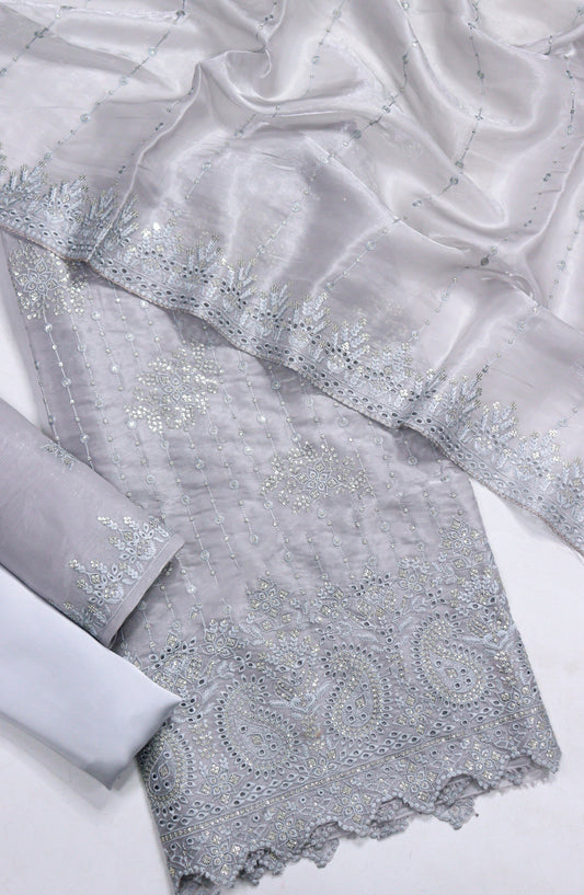 Amna Khadija Embroidered Sheesha Silk Unstitched 3 Piece Suit - D-15 - AM26SHES - Blue - Luxury Collection