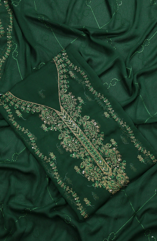 Amna Khadija Embroidered Chiffon Unstitched 3 Piece Suit - Design-18 - AM25LXC - Green - Luxury Collection