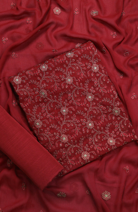Amna Khadija Embroidered Chiffon Unstitched 3 Piece Suit - D-06 - AM25LXC 108107 - Red - Luxury Collection