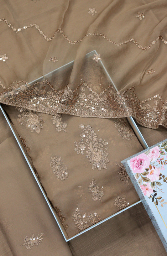 Amna Khadija Embroidered Crinkle Chiffon Unstitched 3 Piece Suit - D-06 - AM25LXC - Brown - Formals Collection