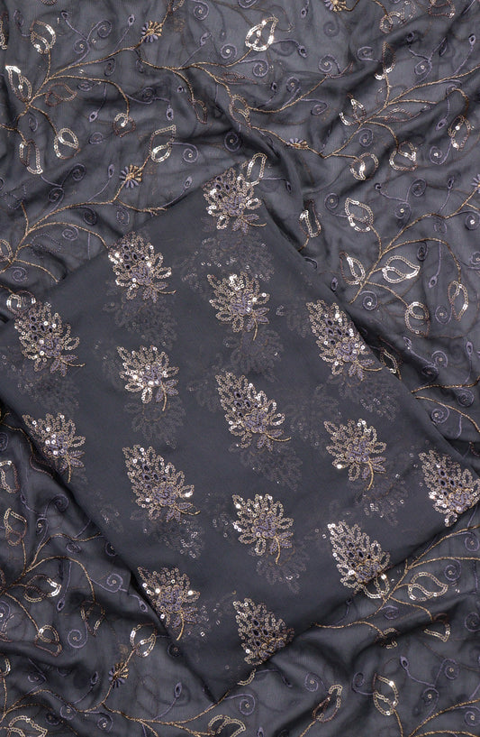 Amna Khadija Embroidered Chiffon Unstitched 3 Piece Suit - Design-11 - AM25LXC - Grey - Luxury Collection