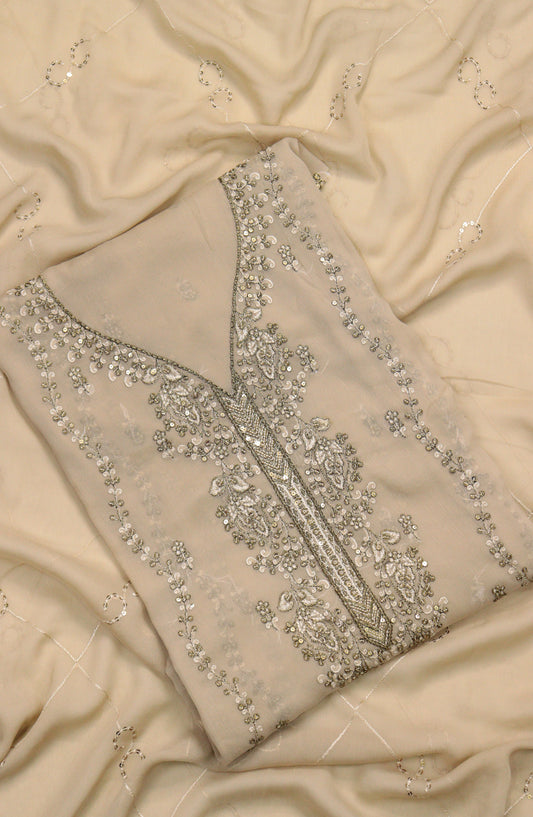 Amna Khadija Embroidered Chiffon Unstitched 3 Piece Suit - Design-15 - AM25LXC - Fawn - Luxury Collection
