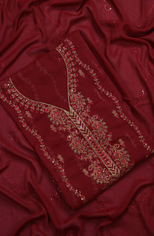 Amna Khadija Embroidered Chiffon Unstitched 3 Piece Suit - Design-14 - AM25LXC - Red - Luxury Collection